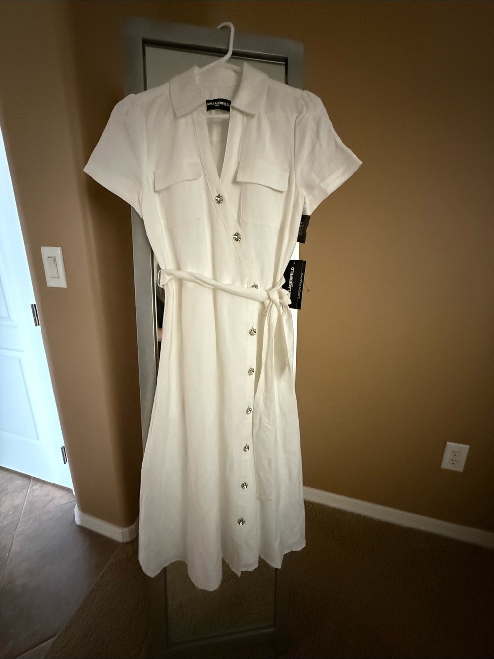 Karl Lagerfeld White Linen Short-Sleeve Dress- Waist Tie & Silver Flower Buttons